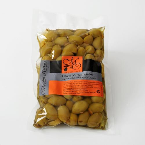Olives vertes cassées préparées au fenouil et à l'orange Poche 200gr